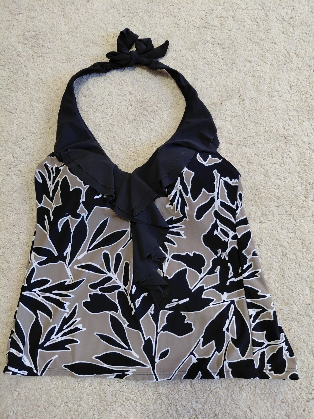 Ruffled V-Neck Floral Print Women's Swim Tank Top - Black & Taupe